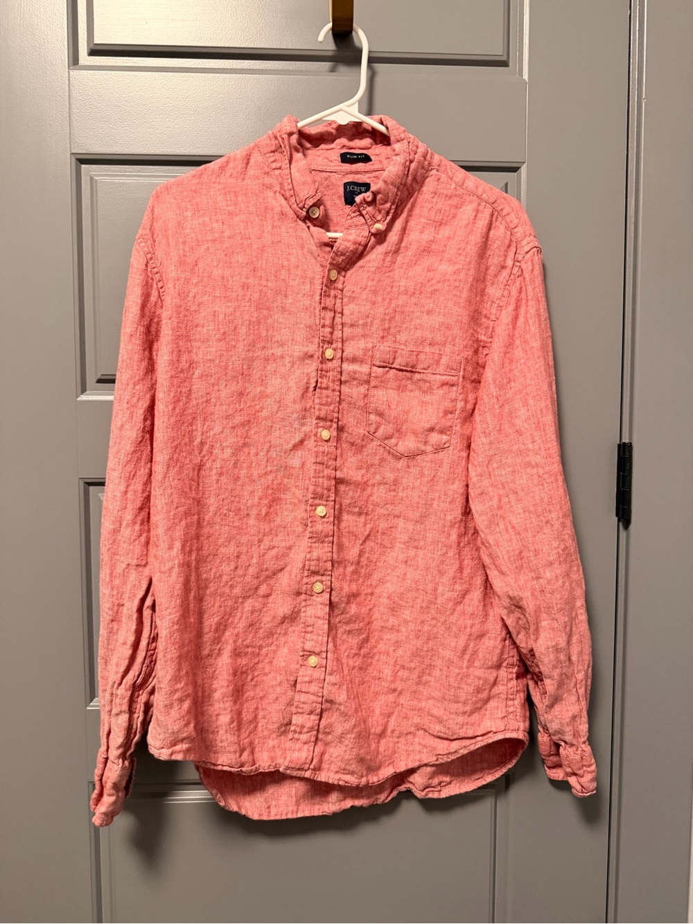 J.Crew Red/Coral Button-Down 100% Linen Slim Fit Shirt LARGE